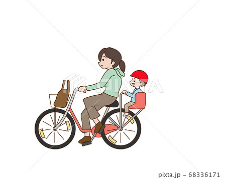 子供乗せ自転車に乗っている母親と子供のイラスト素材