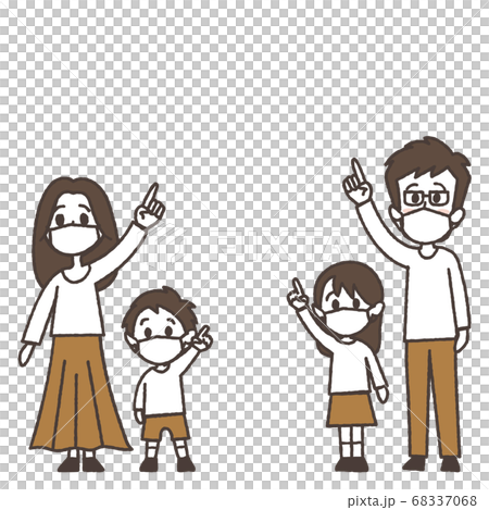 マスクをして上を指している4人家族のイラストのイラスト素材 68337068 pixta