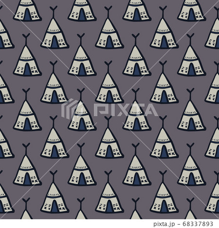 Wigwam ornament seamless doodle pattern. Simple tribal elements on dark grey background. 68337893