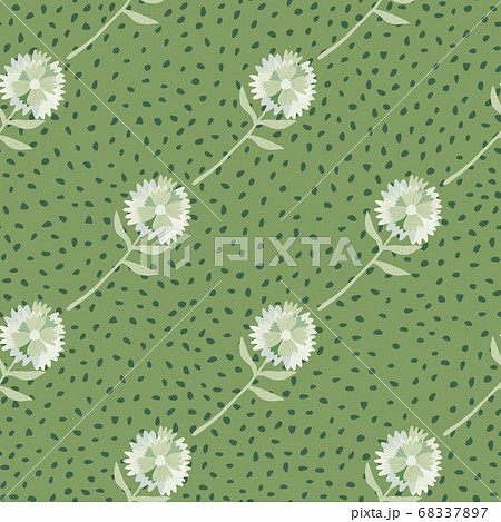 White dandelion diagonal ornament seamless pattern. Green background with black dots. White dandelion diagonal ornament seamless pattern. Green background with black dots. 68337897