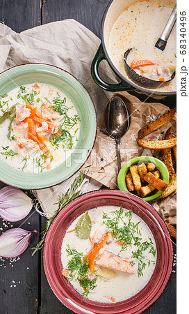 Top view finnish fish soup with salmon, cream, vegetables Top view finnish fish soup with salmon, cream, vegetables 68340496