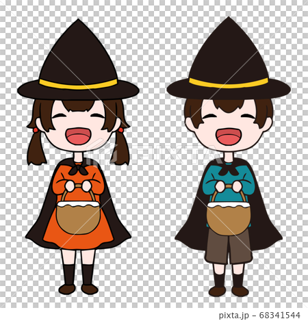 ハロウィンに仮装してかごを持って笑顔の女の子と男の子のイラスト素材のイラスト素材