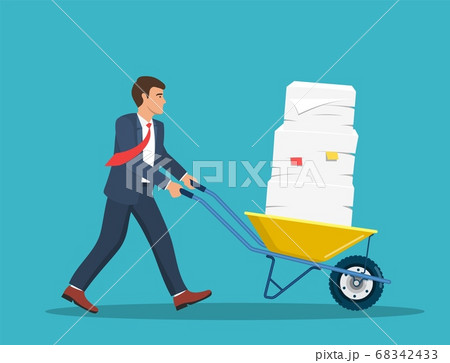 businessman pushing a wheelbarrow full of paper 68342433