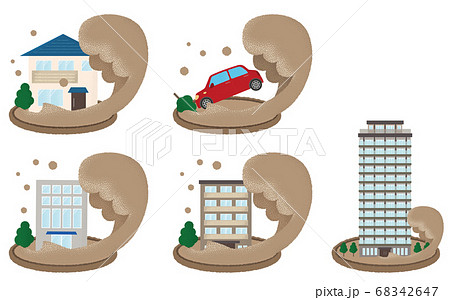 大波の被害に遭う住宅・自動車のベクターイラスト 68342647