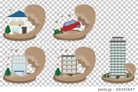 大波の被害に遭う住宅・自動車のベクターイラスト 68342647