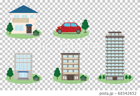 様々なタイプの建物 自動車のベクターイラストのイラスト素材