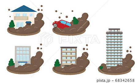 土砂災害に遭う住宅 自動車のベクターイラストのイラスト素材