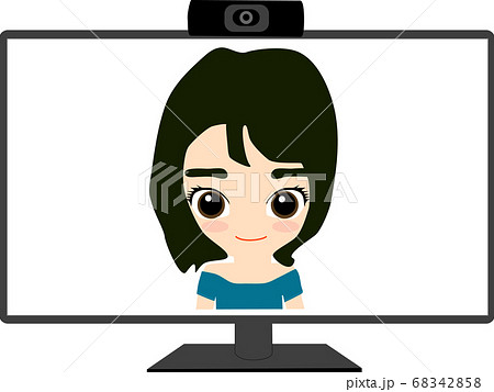 Webカメラのついたパソコンに映る女の子のイラスト素材