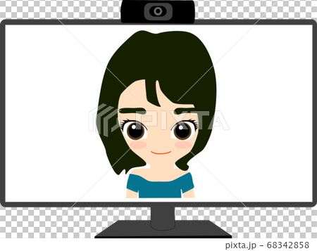 Webカメラのついたパソコンに映る女の子のイラスト素材