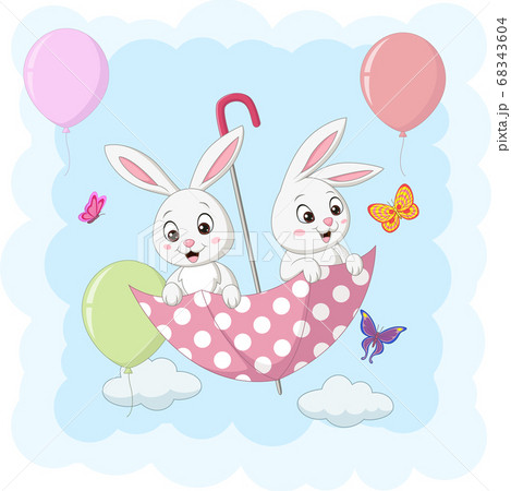 Cute two bunnies flying with an umbrella 68343604