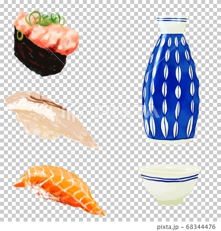 厚水彩畫，壽司套，清酒瓶，章魚，Negi Toro軍艦，鯛魚拉緊，鮭魚 68344476