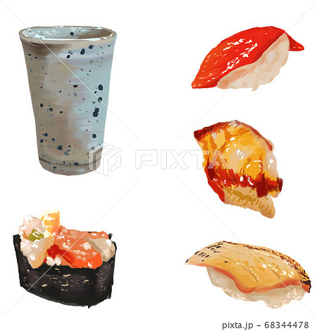 水彩厚塗り・寿司セット・ゆのみ・あぶりサーモン・づけまぐろ・茎わさび 68344478