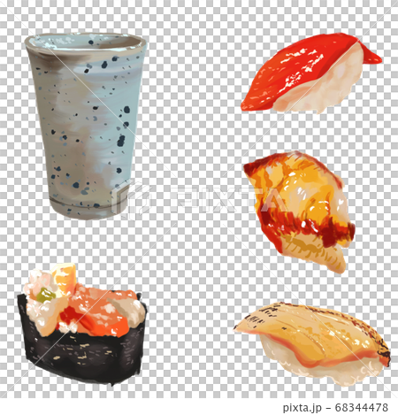 水彩厚塗り・寿司セット・ゆのみ・あぶりサーモン・づけまぐろ・茎わさび 68344478
