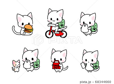 フードデリバリー 出前 テイクアウト 自転車に乗った猫ちゃんのイラストのイラスト素材