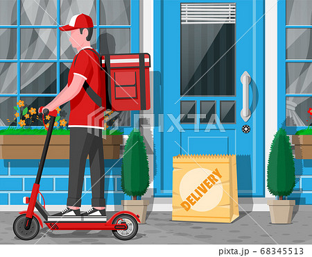 Delivery man riding kick scooter with box Delivery man riding kick scooter with box 68345513