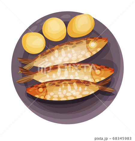 Grilled Sardines with Potatoes as Portuguese Dish View from Above Vector Illustration 68345983
