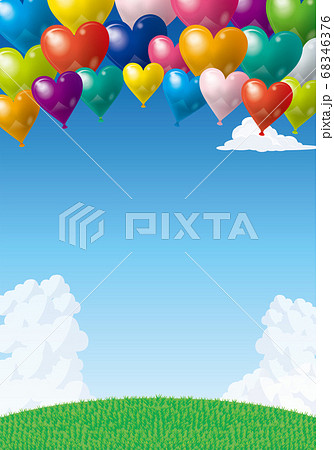 ハッピーで楽しそうなイメージの背景イラスト 青空を飛ぶハート型風船バルーンと白い雲と緑の丘のイラスト素材