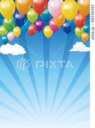 ハッピーで楽しそうなイメージの背景イラスト 青空を飛ぶ風船バルーンと集中線バックグラウンドのイラスト素材