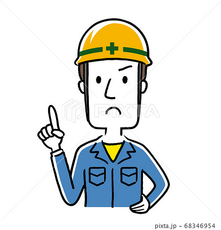 イラスト素材：作業服を着た若い男性、注意を促す 68346954