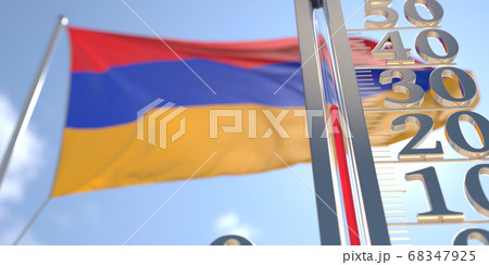 30 degrees centigrade on a thermometer measuring air temperature near flag of Armenia. Hot weather forecast related 3D rendering 30 degrees centigrade on a thermometer measuring air temperature near flag of Armenia. Hot weather forecast related 3D rendering 68347925