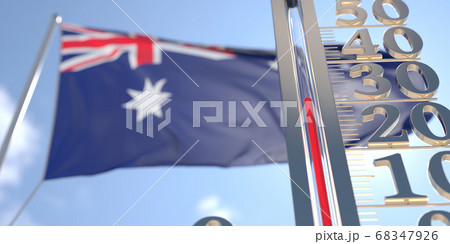 30 degrees centigrade on a thermometer measuring air temperature near flag of Australia. Hot weather forecast related 3D rendering 30 degrees centigrade on a thermometer measuring air temperature near flag of Australia. Hot weather forecast related 3D rendering 68347926