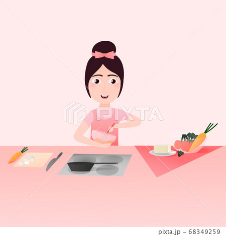 Cute little girl cooking, vegetables on the table, cutting mushrooms and carrot, healthy ingredients, delicious food 68349259