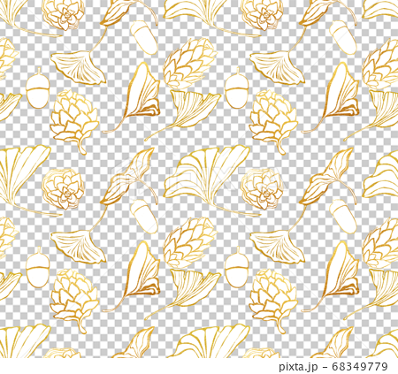 金フチのイチョウと松ぼっくりの連続パターン背景のイラスト素材