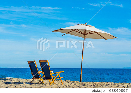 parasol and beach chairs in Malibu 68349897