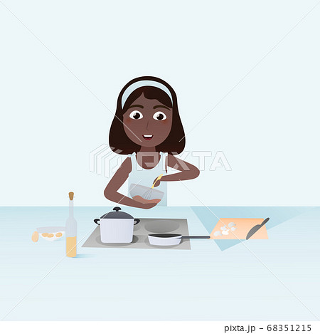Cute little girl cooking, vegetables on the table, cutting mushrooms, healthy ingredients, delicious food Cute little girl cooking, vegetables on the table, cutting mushrooms, healthy ingredients, delicious food 68351215