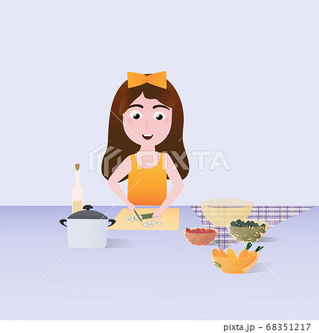 Cute little girl cutting groceries, vegetables on the table, cutting mushrooms, healthy ingredients, delicious food 68351217