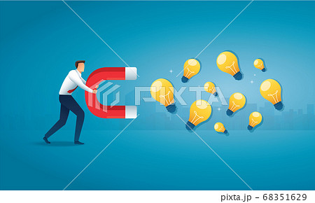 man holding magnet attracting light bulb creative concept. vector illustration 68351629