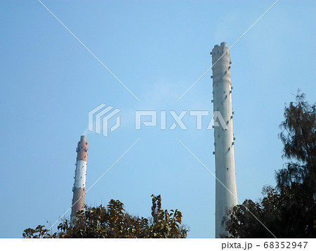 Factory chimney emits smoke, industrial  68352947
