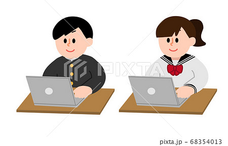 パソコン操作する男子女子学生 シンプルカラー のイラスト素材