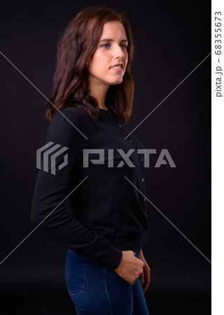 Portrait of happy young beautiful woman with brown hair Portrait of happy young beautiful woman with brown hair 68355673