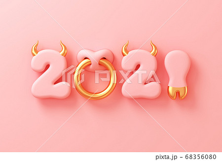 2021 With Numbers As Bull Horns, Hoof And Nose Ring On Pink Background. Concept Of Chinese New Year Of The Ox. 68356080