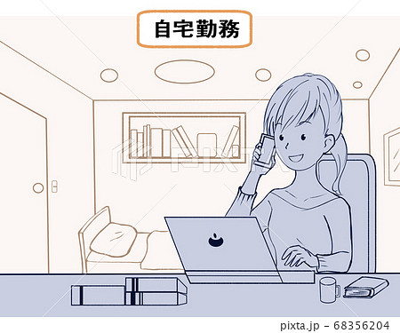 テレワークする女性、ビジネス、自宅で仕事、lineart 68356204