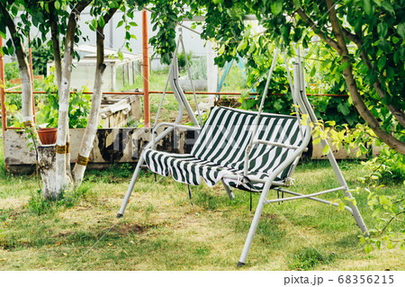Swing among trees in backyard. Cottagecore and 68356215
