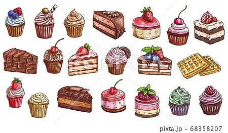 Cakes, cheesecakes, dessert sweets cupcakes sketch 68358207