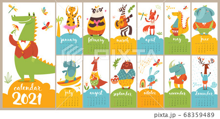 Modern style cartoon vector 2021 calendar with funny cartoon wild animals 68359489
