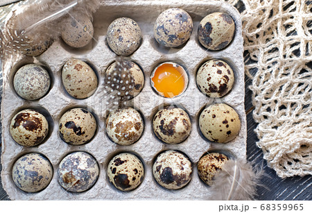 Quail eggs in cardboard packaging. Top view. 68359965