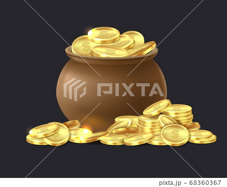 Pot of gold coins. Ceramic cauldron full of shiny golden coin, medieval mystery treasures for game cartoon vector isolated illustration Pot of gold coins. Ceramic cauldron full of shiny golden coin, medieval mystery treasures for game cartoon vector isolated illustration 68360367