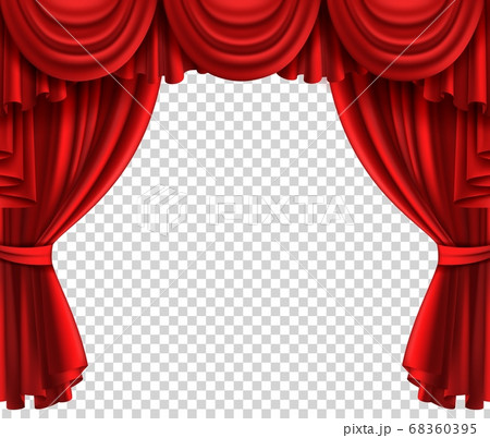 Red theatre curtain. Realistic scene portiere on transparent background, cinema or circus drape luxury silk or velvet opened stage vector realistic fabric drapes 68360395