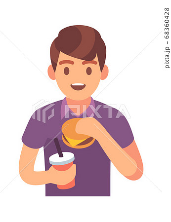 Man eating fast food. Male character with hamburger and soda drink, lunch time with unhealthy snack promotion cafe and restaurant, flat vector isolated trendy illustration 68360428