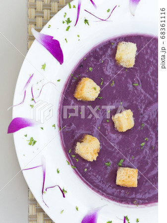 Creamy Sweet potato soup with beautiful decoration. Copy Space. Creamy Sweet potato soup with beautiful decoration. Copy Space. 68361116