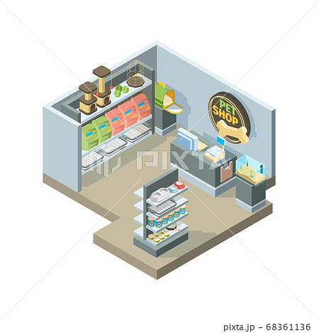 Pets shop interior. Isometric shopping house for domestic pets animals different products on store shelves vector building 68361136