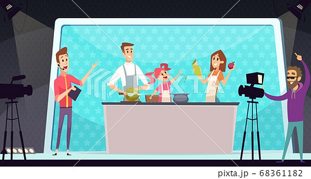 Family cooking show. TV entertainment, parents and child on kitchen. Shooting program with director vector illustration 68361182