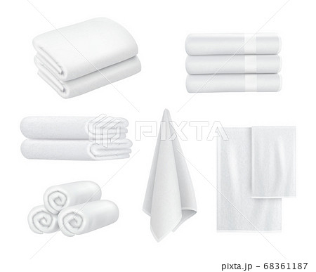 Towel stack. Luxury hotel textile items for bathroom sport or resort spa hygiene items white towels vector collection realistic 68361187