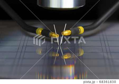 Manual probe system with needles for test of semiconductor on silicon wafer. Selective focus. Manual probe system with needles for test of semiconductor on silicon wafer. Selective focus. 68361830