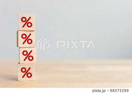 Wooden cube block increasing on top with icon percentage symbol upward direction 68373399