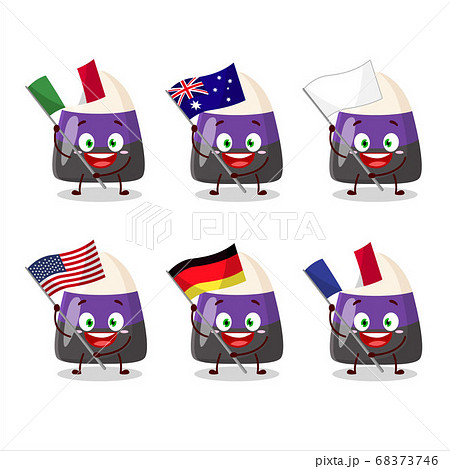 Blue candy corn cartoon character bring the flags of various countries 68373746